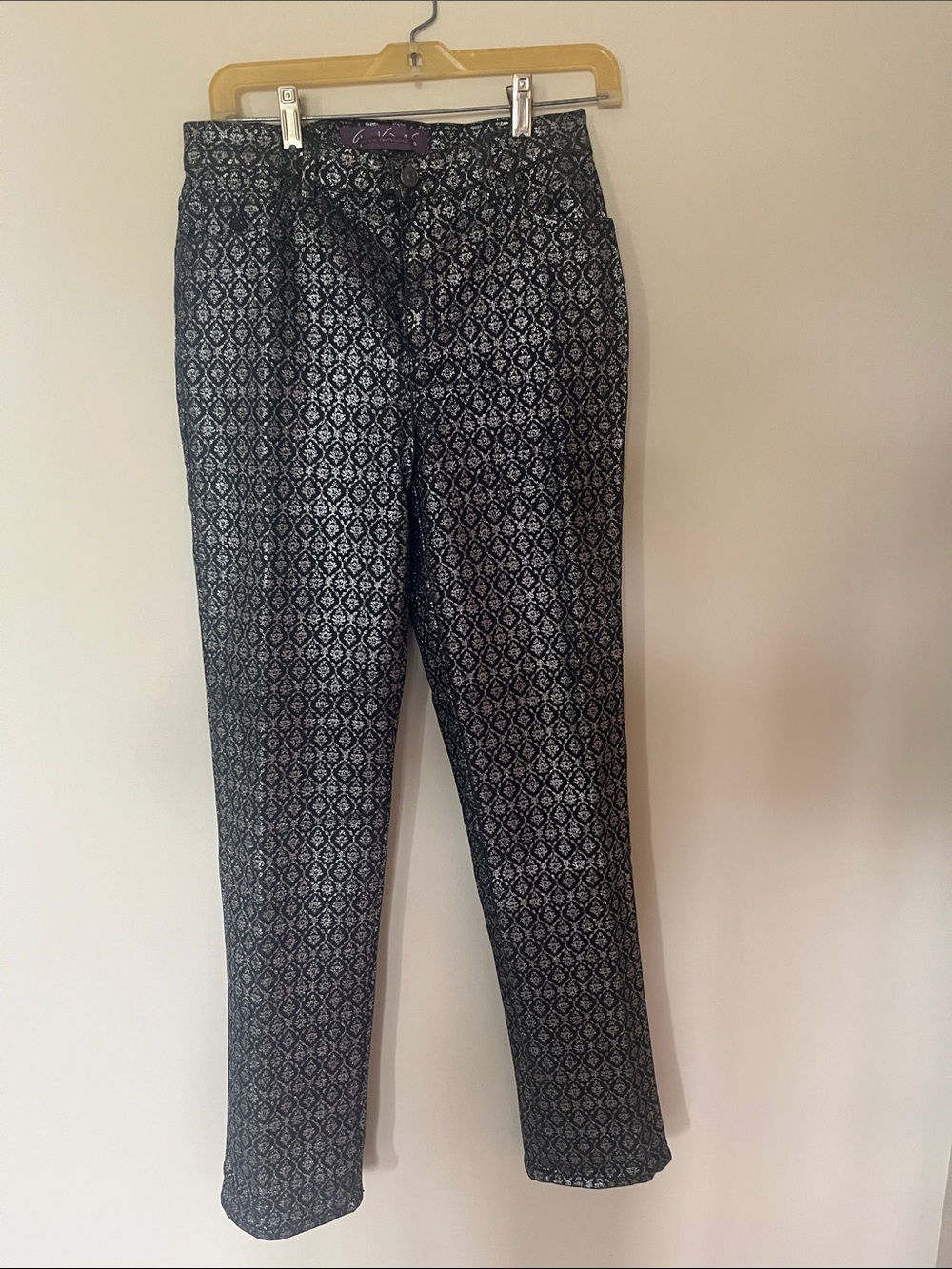 Metallic Geometric Print Slim Trousers - Black & Silver